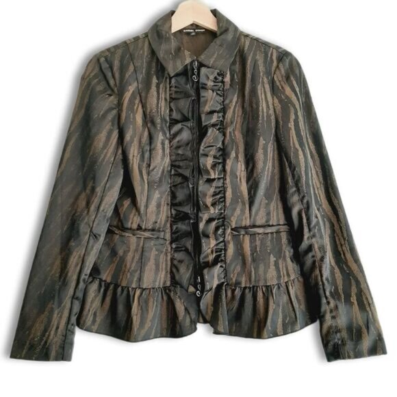SAMUEL DONG Ruffle Front & Hem Zip-Up Front Blazer Black & Brown Abstract Sz XXS - Picture 1 of 16